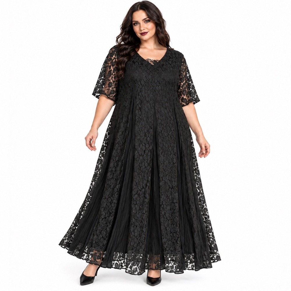L.G.S. Black Floral Lace Maxi Dress Plus Size 18 Short Sleeve Whimsigoth Flowy